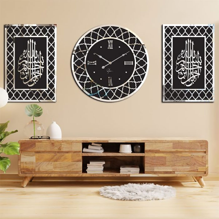 دکوراسیون ست ساعت دیواری اسلیمی و تابلو بسمالله
